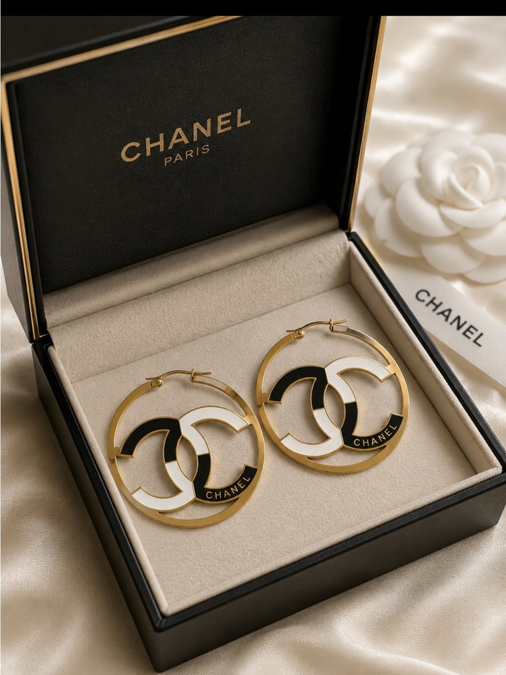 Gold-Tone Black & White Interlocking C Hoop Earrings